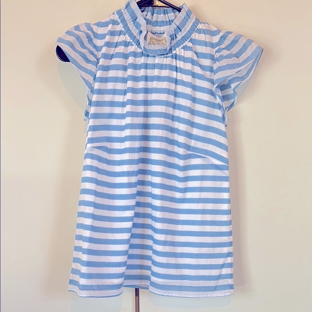 Sail to Sable Ruffle Collar Top in Blue Stripe XS, NWT